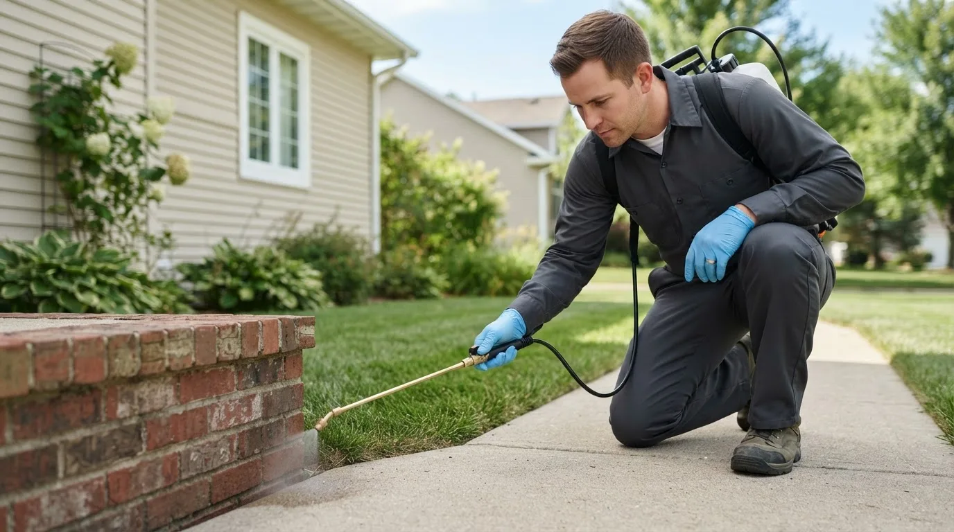 Pest control technician treating a home near Oneonta, AL