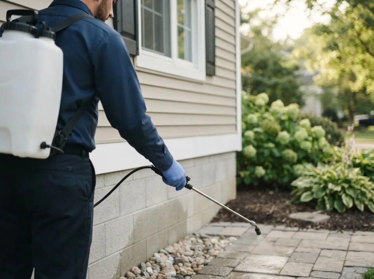 Pest control technician inspecting a home in Oneonta, AL